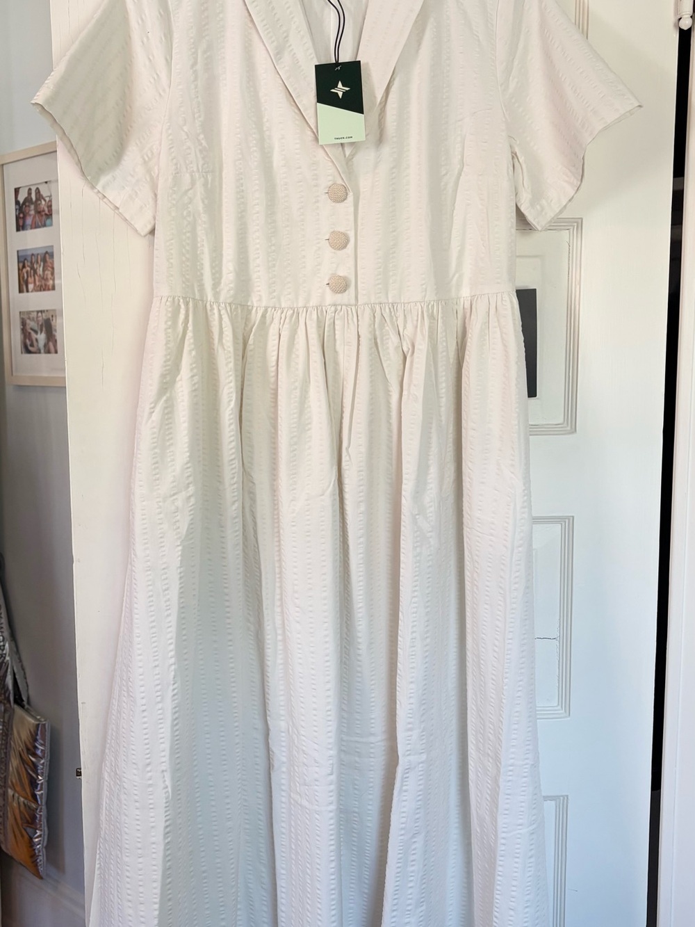 Tuckernuck Adelaide Shawl Collar Dress NWT Seersucker Sz Large White Midi Lined - Picture 6 of 14